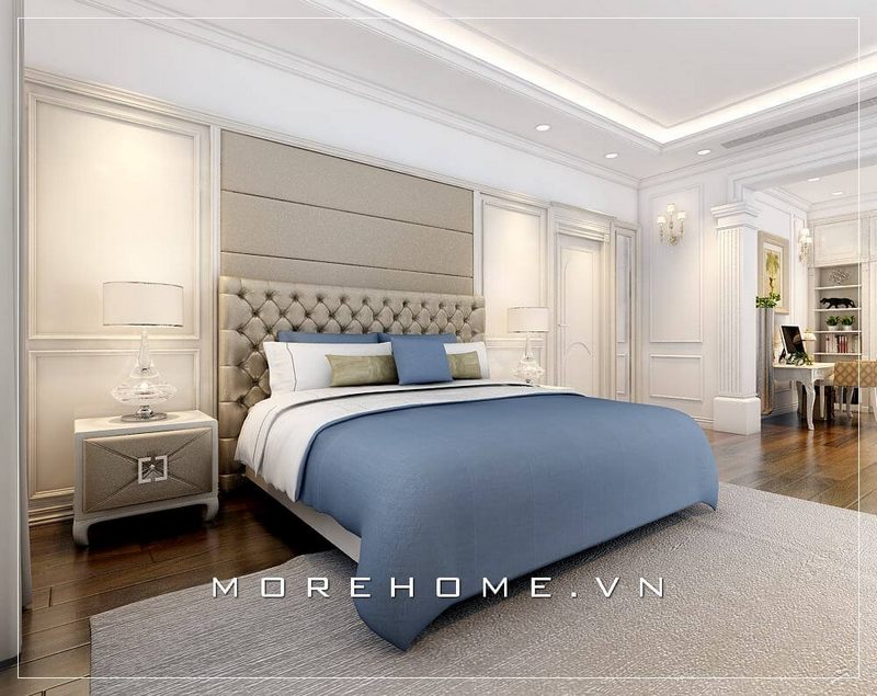 Thiết kế giường ngủ hiện đại với tone tươi sáng sẽ mang đến cảm giác dễ chịu cho không gian phòng ngủ chung cư sang trọng